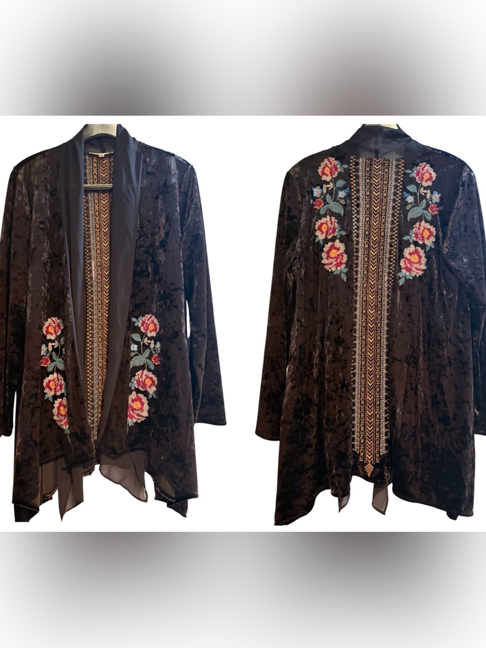 Andrée by Unit Chocolate Brown Crushed Velvet Embroidered Floral Duster S